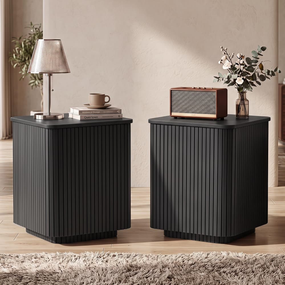 Black Set of 2 18" Square Fluted End Table with Removable Lid Access and Storage