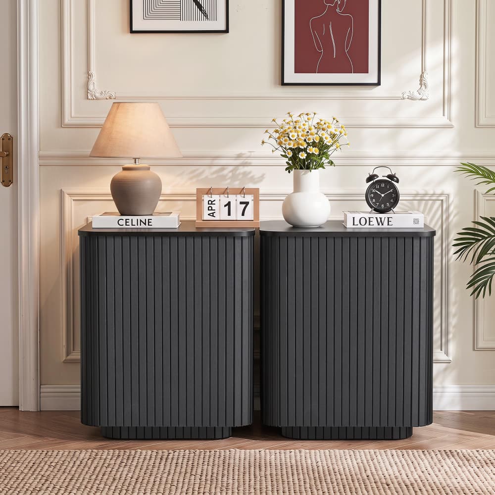 Black Set of 2 18" Square Fluted End Table with Removable Lid Access and Storage