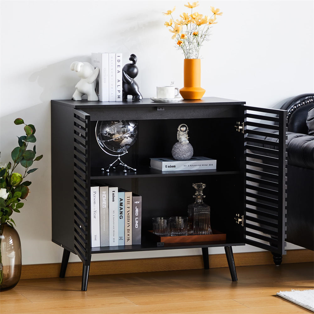 Black Sideboard Freestanding 2-Tier Storage Cabinet Kitchen Console Table with 2 Hollowed-Out Doors