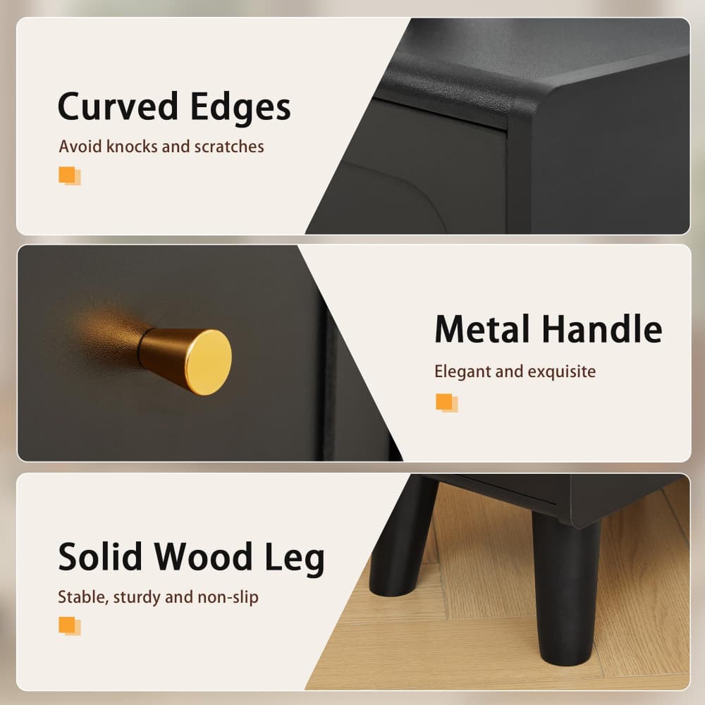 Three-panel feature graphic for a black furniture piece with a curved edge, metallic gold handle, and solid wood legs, with text callouts on a beige background.