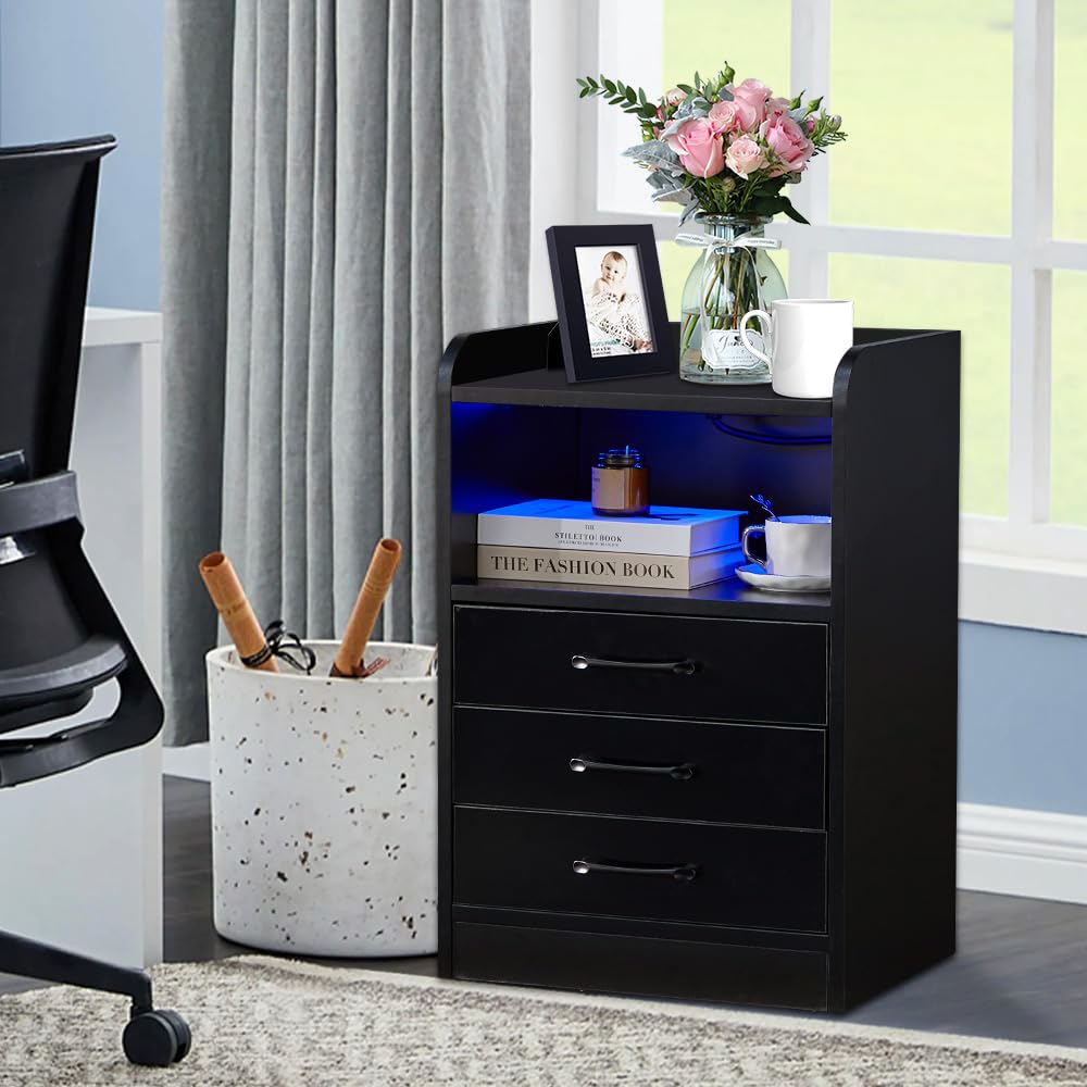 Black Smart LED Light Nightstand 3 Drawers with USB Port& Power Outlets