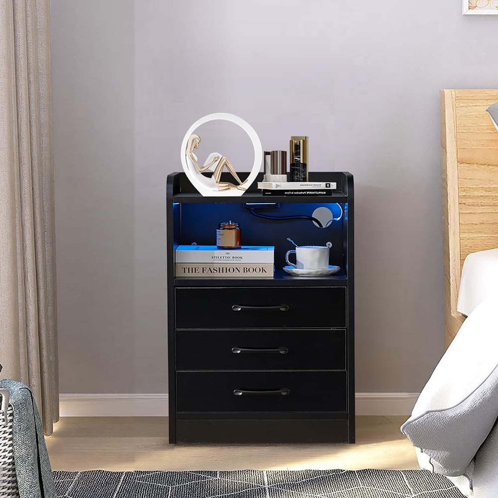 Black Smart LED Light Nightstand 3 Drawers with USB Port& Power Outlets