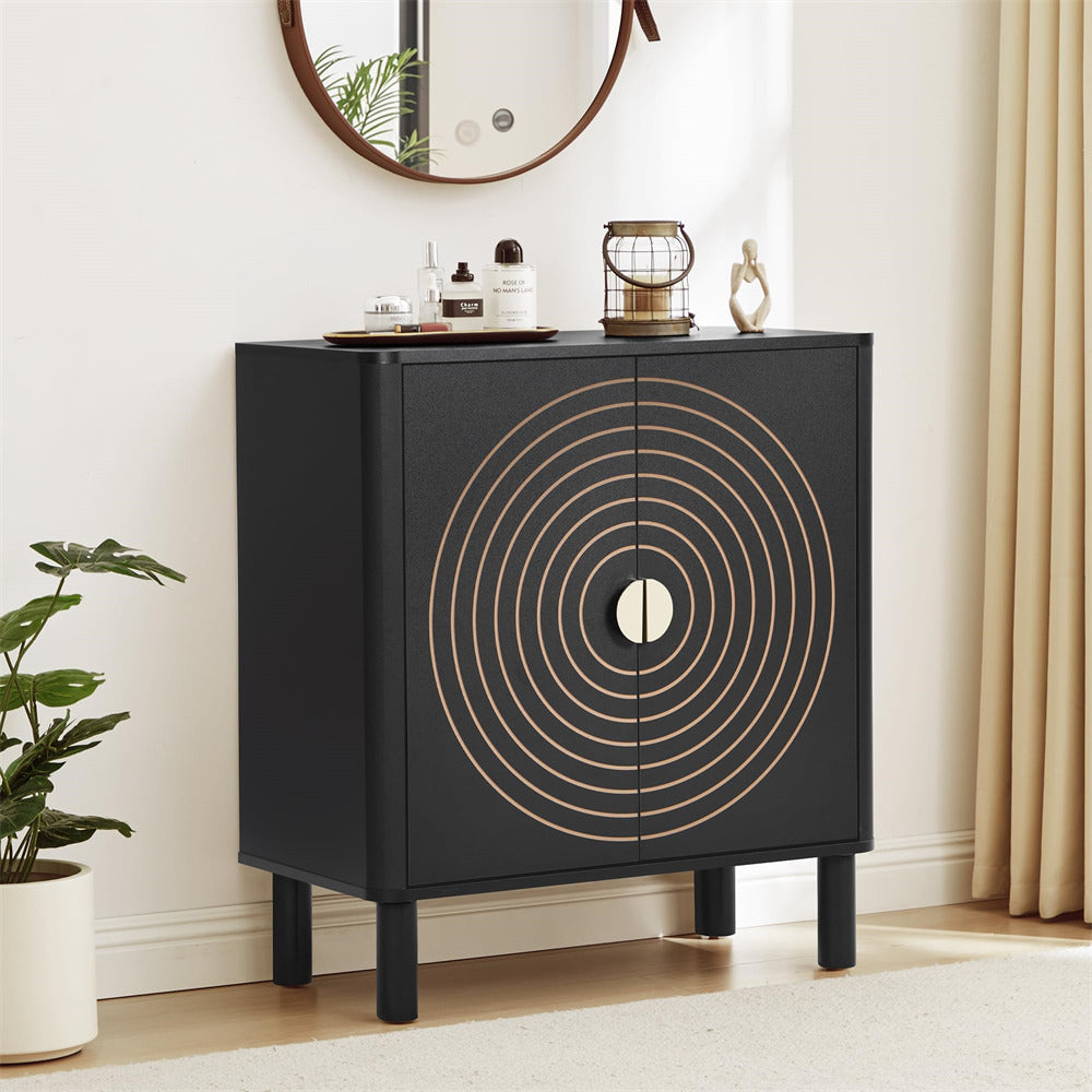 Black cabinet with circular design in a room with a plant and mirror.
