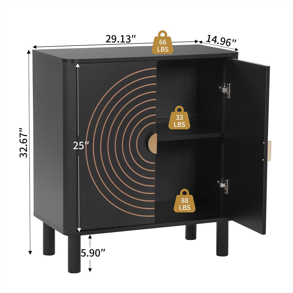 Black cabinet with gold weight labels and dimensions on a white background