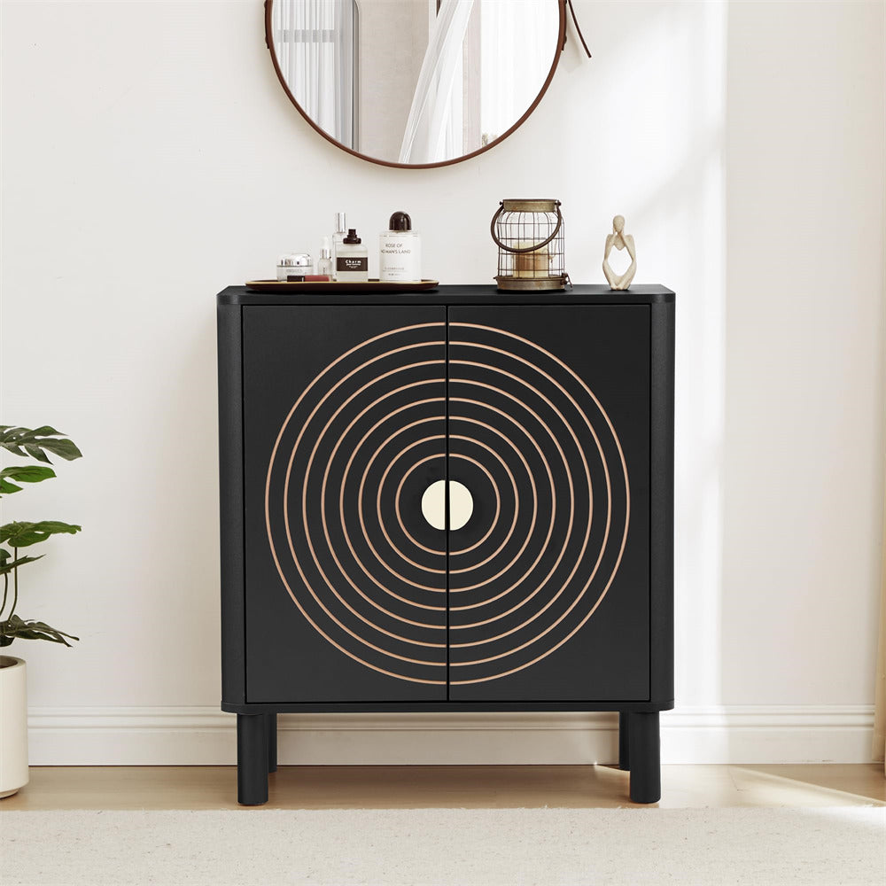 Black cabinet with circular design in a room setting
