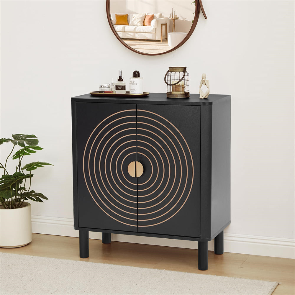 Black cabinet with gold circular design in a room with a plant and mirror.