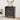 Black cabinet with gold circular design in a room with a plant and mirror.