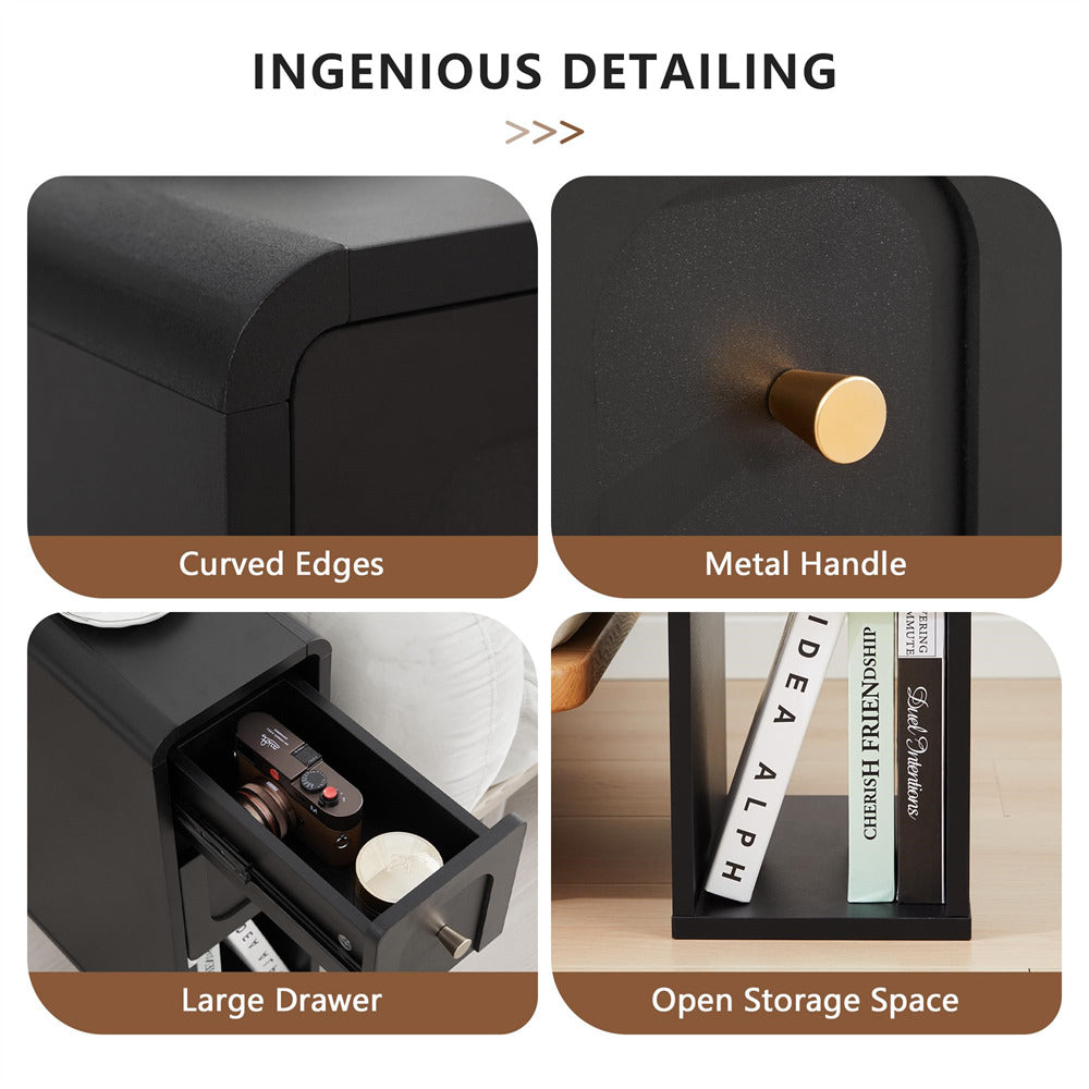 Four-panel product feature graphic for a black drawer organizer with a round metal handle, curved edges, a large drawer, and open storage space, with text labels on a white background.