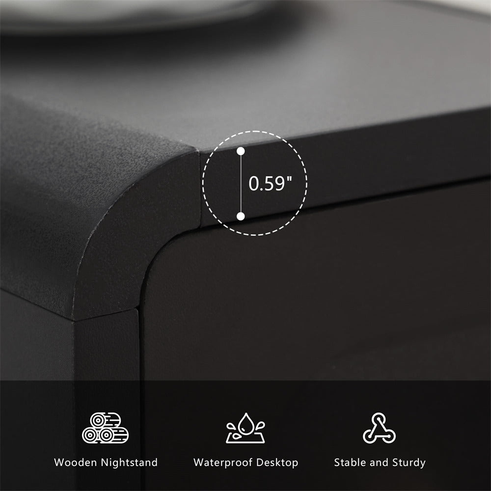 Close-up of a black nightstand corner with a dashed measurement circle marking 0.59 inches, plus feature icons below stating Wooden Nightstand, Waterproof Desktop, and Stable and Sturdy.