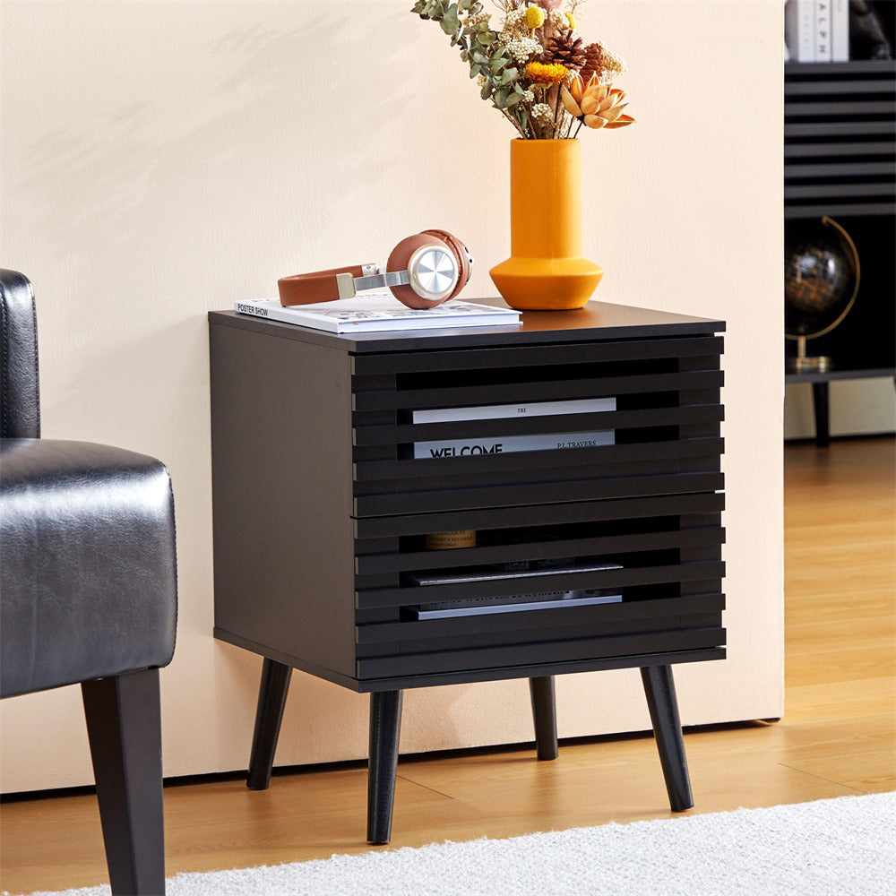 Black Wooden Nightstand Storage Side Table with 2 Storage Hollowed-Out Drawers