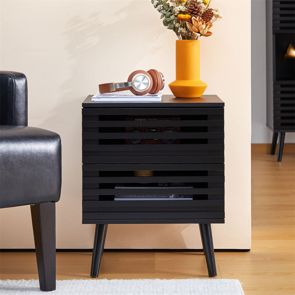 Black Wooden Nightstand Storage Side Table with 2 Storage Hollowed-Out Drawers