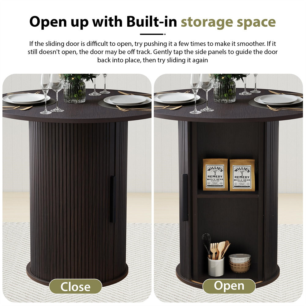 Collapsible table with storage space shown in open and closed positions.