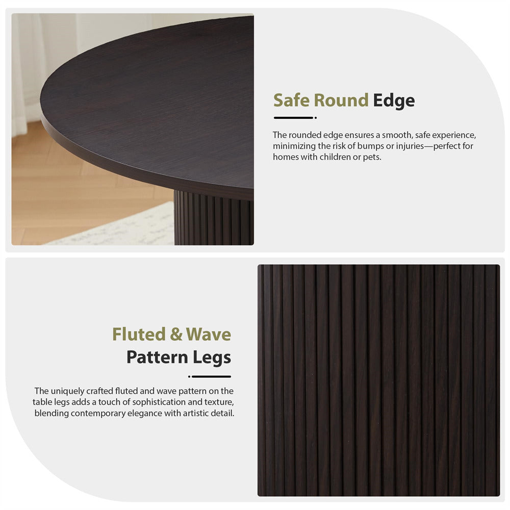 Dark wooden table with round edge and fluted legs, featuring text on safety and design.