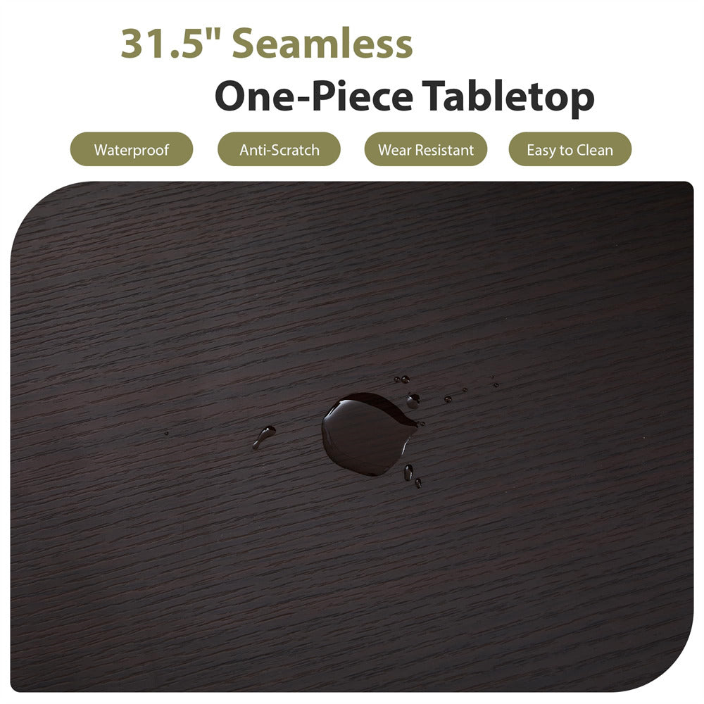 Dark brown one-piece tabletop with a water droplet and text highlighting features.