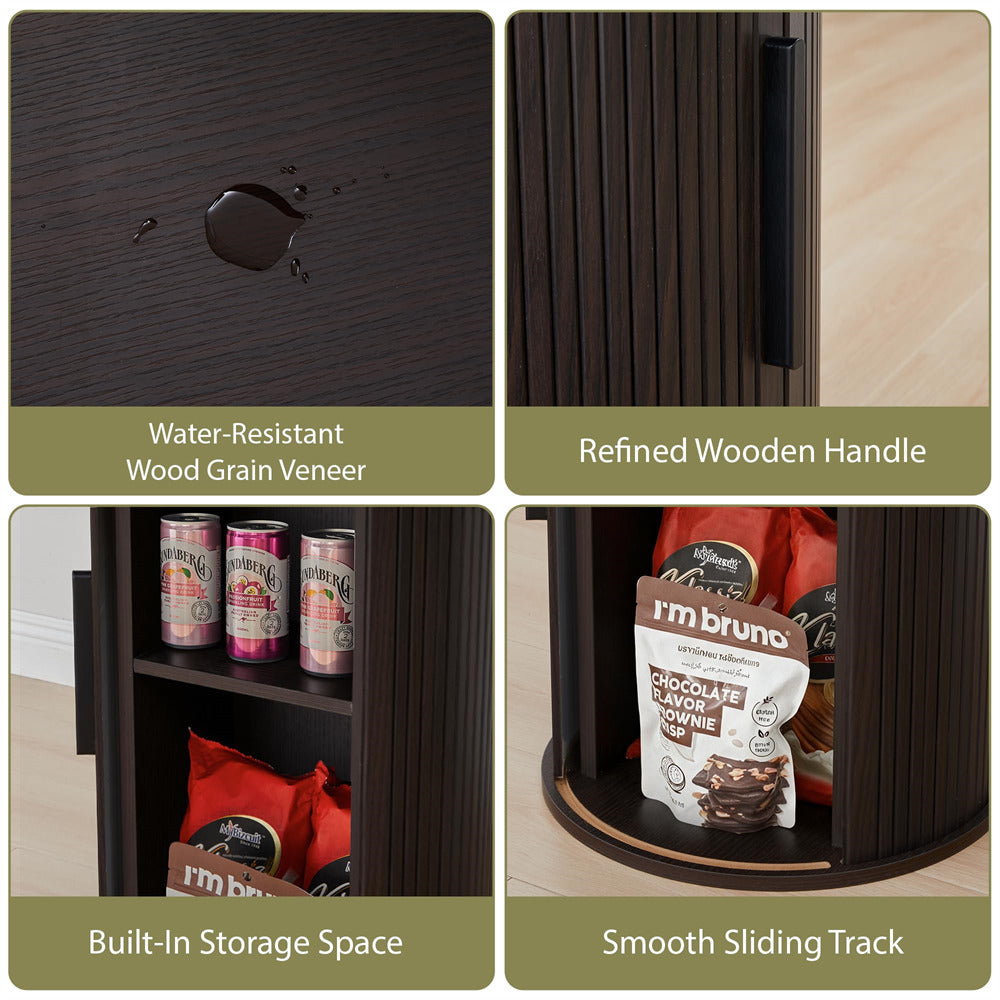Collage of a dark wooden cabinet with features highlighted, including water-resistant wood grain veneer, refined wooden handle, built-in storage space, and smooth sliding track.