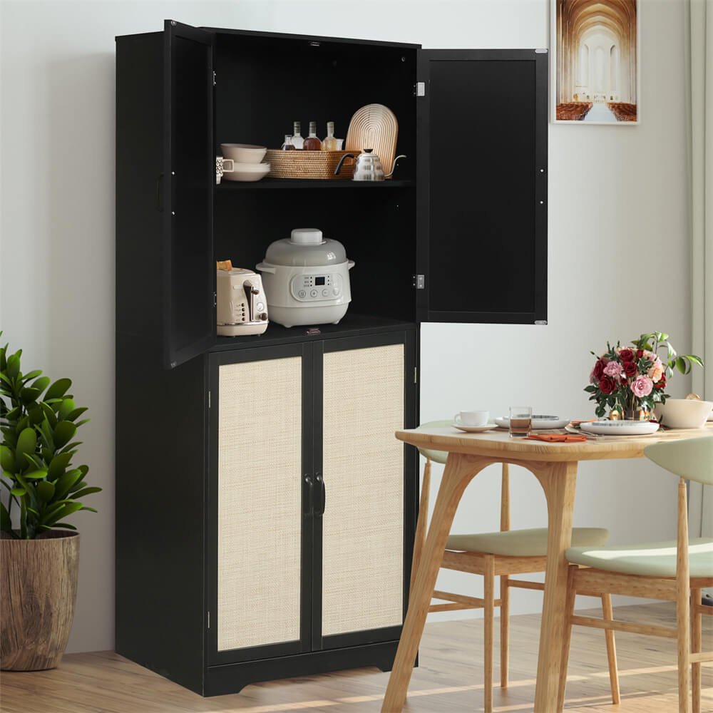 Black farmhouse Rattan Storage Cabinet Freestanding Kitchen Pantry Cabinet