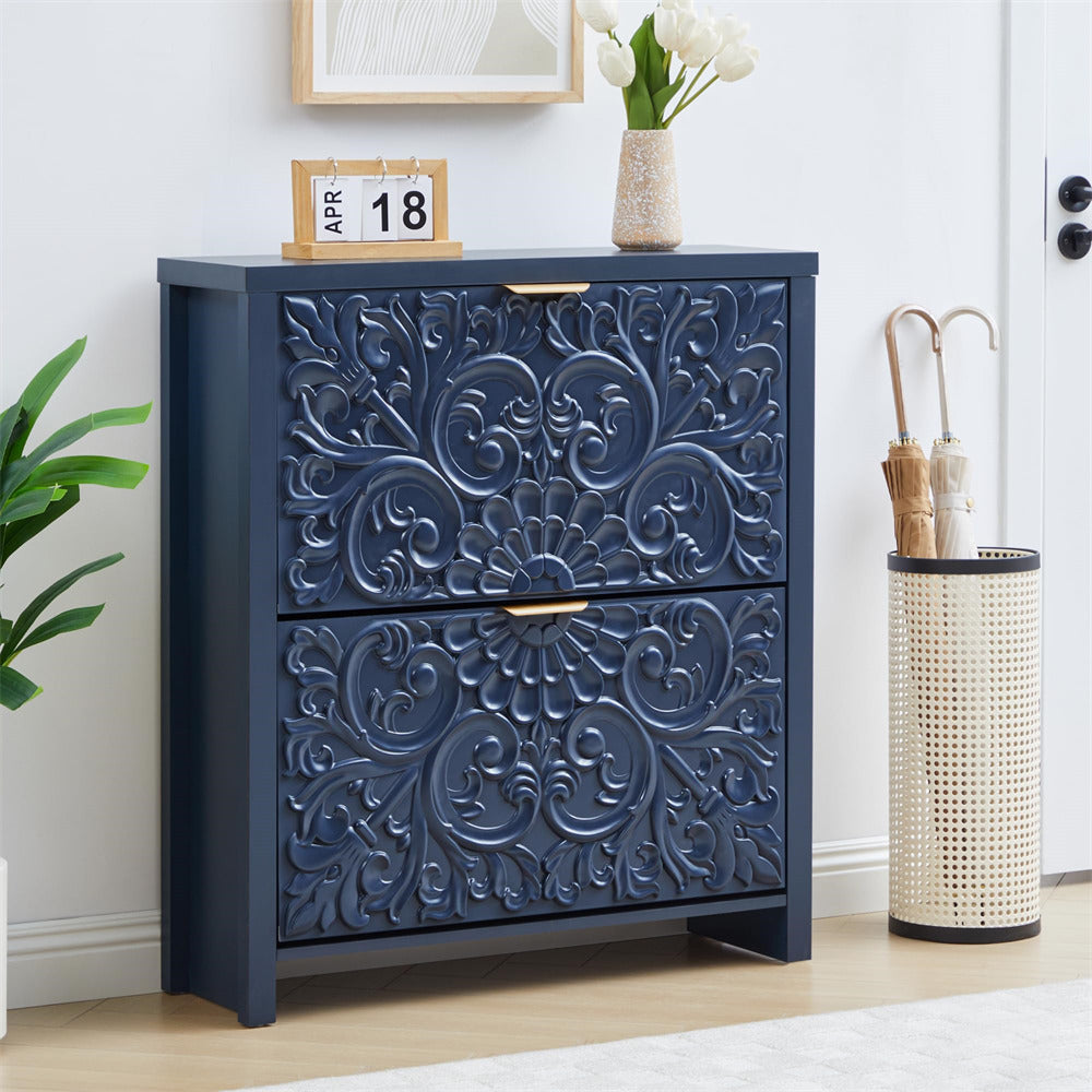 Navy blue cabinet with decorative patterns in a room setting with a plant and umbrella stand.
