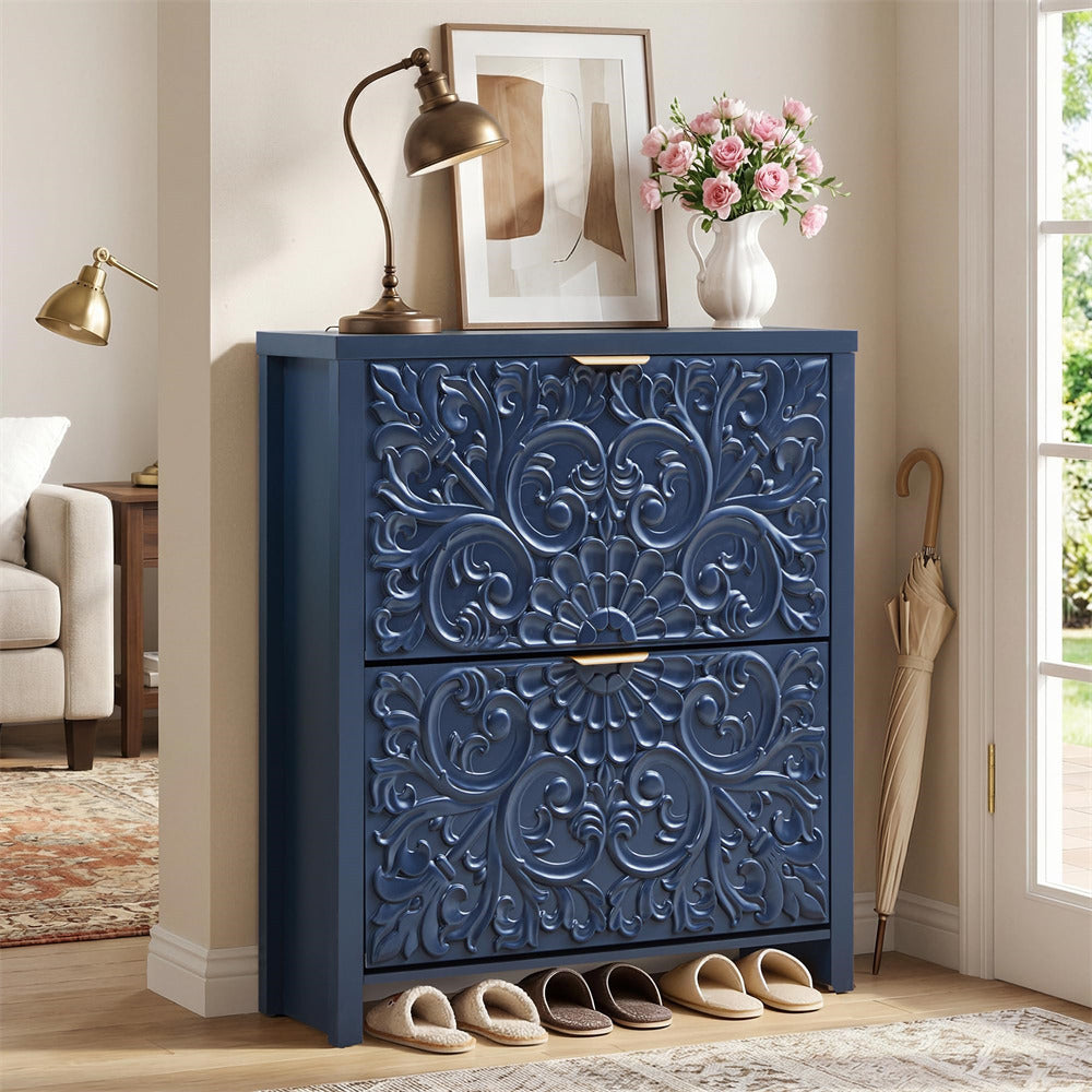 Decorative blue cabinet with floral patterns in a living room setting.