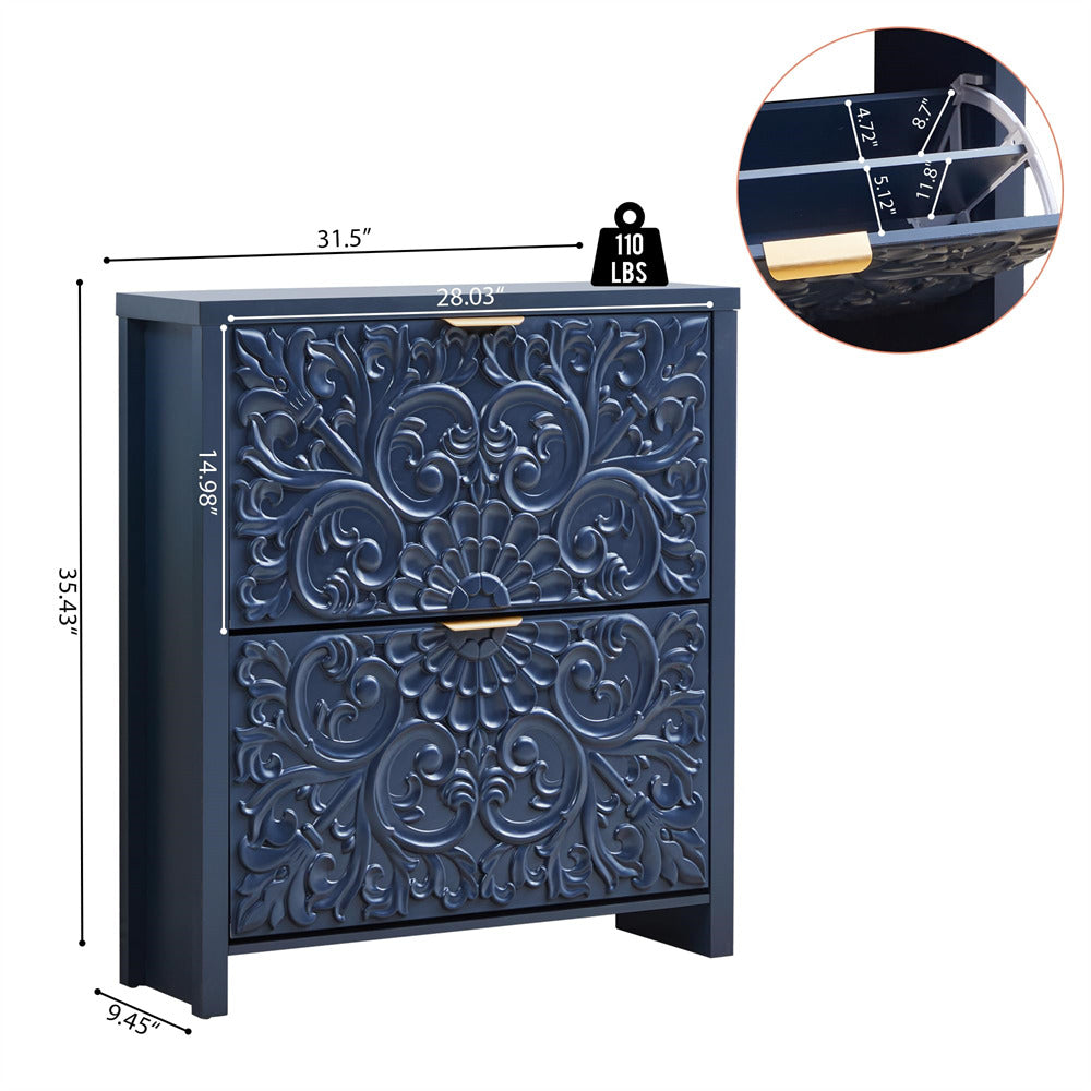 Blue nightstand with floral patterns and dimensions on a white background