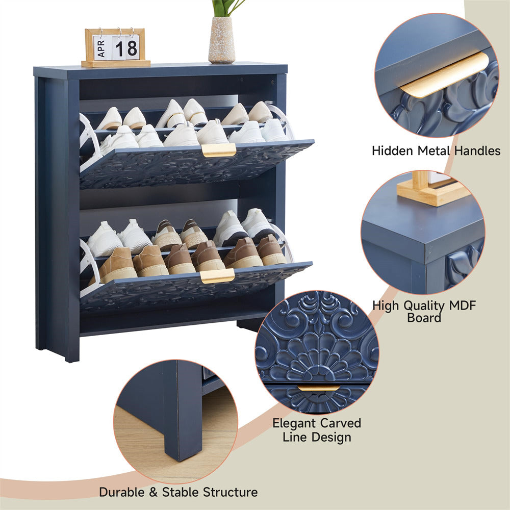 Blue shoe cabinet with shoes on three shelves, featuring close-up details of design elements.