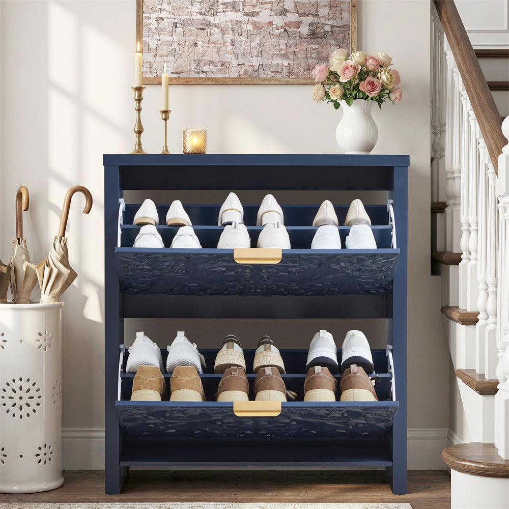 Navy blue shoe rack with shoes on a wooden floor in a home setting.