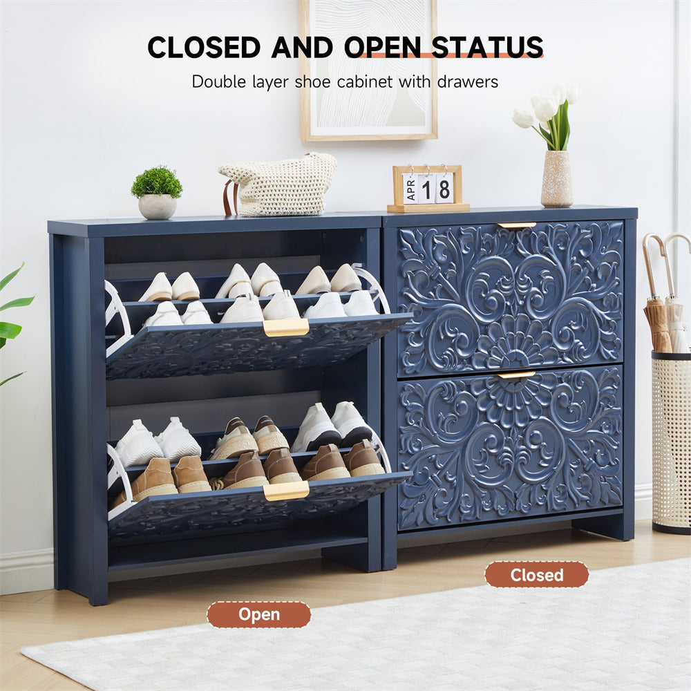 Blue double-layer shoe cabinet with drawers, showing both open and closed states, in a room setting.