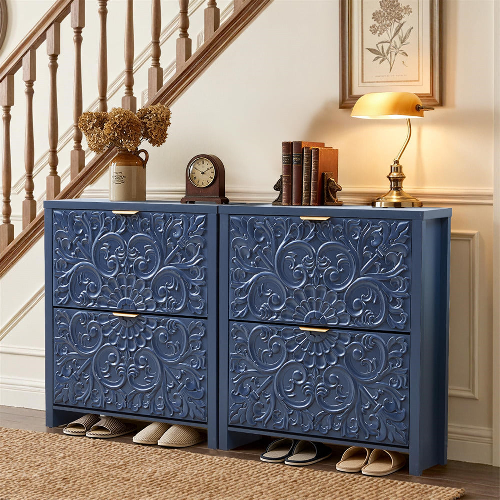 Decorative blue cabinet with intricate patterns in a home setting.