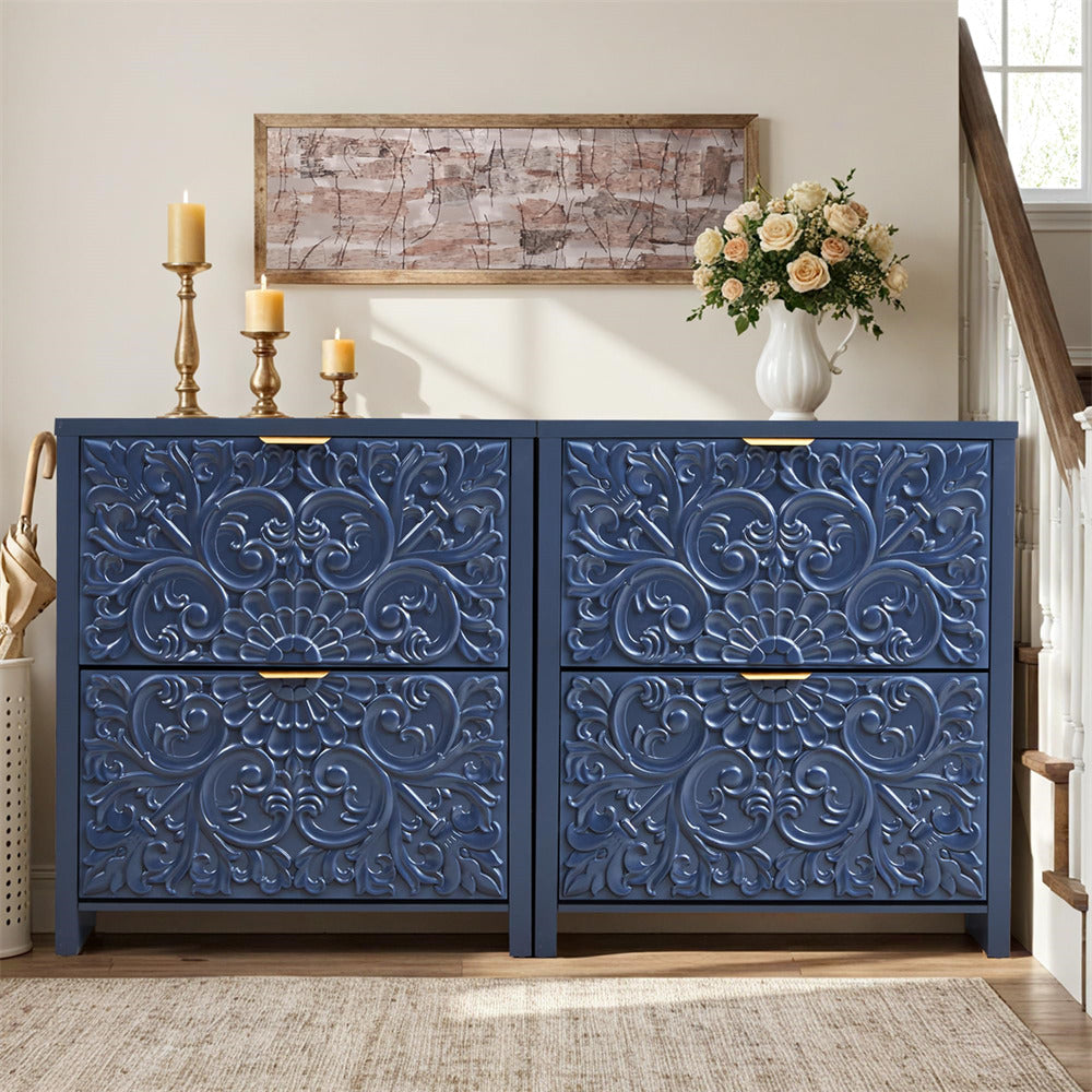 Decorative blue cabinet with intricate patterns in a room setting.