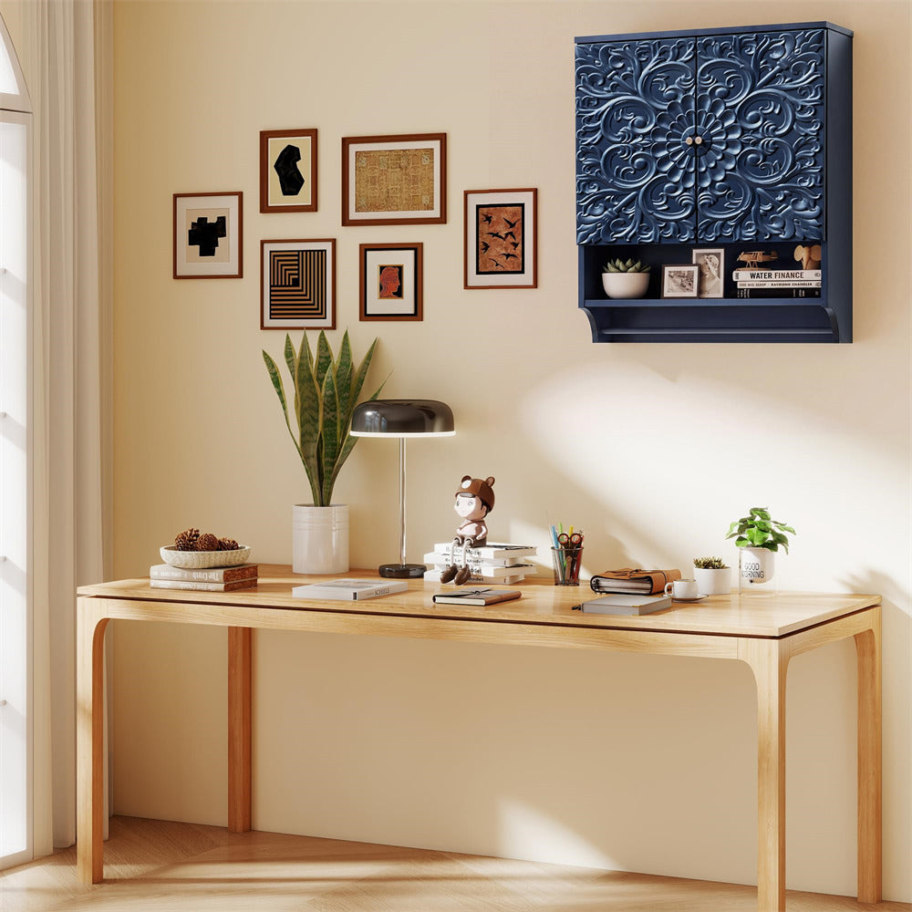Home office with wooden desk, decorative wall art, and plants.