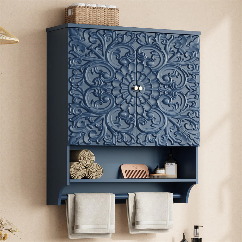 Decorative blue cabinet with intricate patterns on a beige wall.