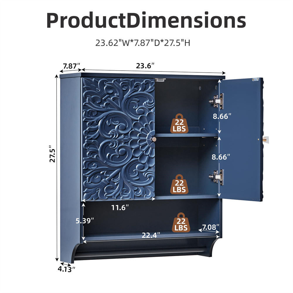 Blue decorative cabinet with dimensions labeled on a white background