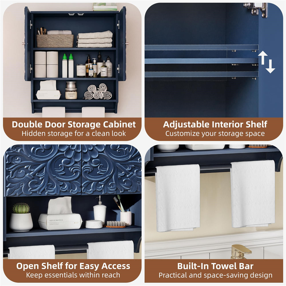 Collage of features of a double door storage cabinet with adjustable shelves, open shelf, and towel bar.