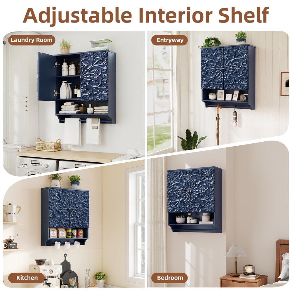 Collage of a blue decorative wall shelf in various rooms with text indicating its use.