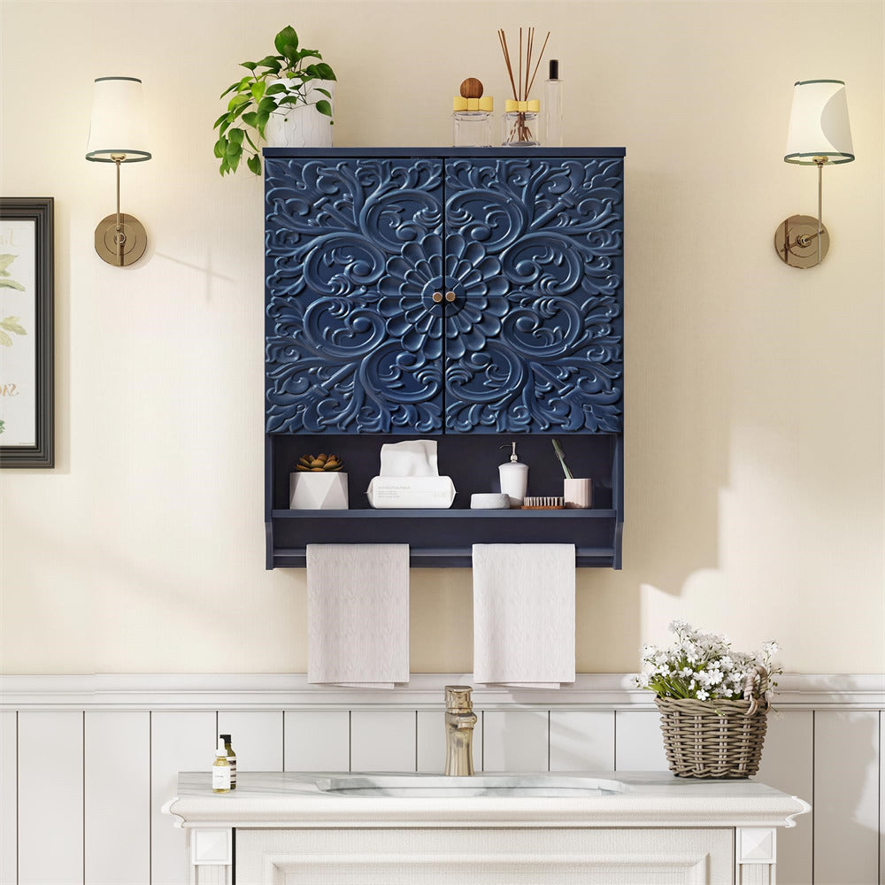Decorative blue cabinet with floral patterns in a bathroom setting.