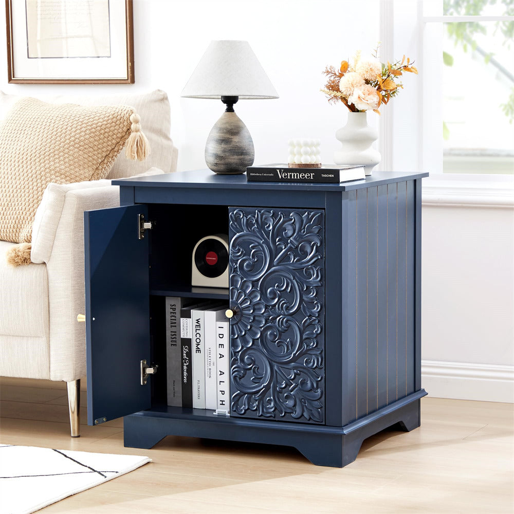 Blue 24" Wide Wooden Square Farmhouse End Table with Carved Floral Door