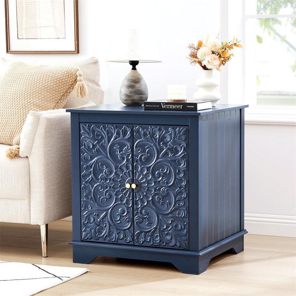 Blue 24" Wide Wooden Square Farmhouse End Table with Carved Floral Door