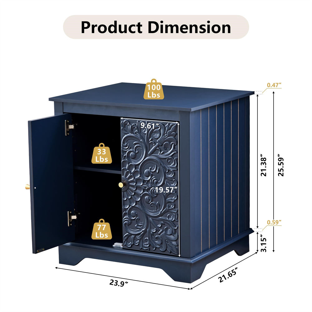 Blue 24" Wide Wooden Square Farmhouse End Table with Carved Floral Door