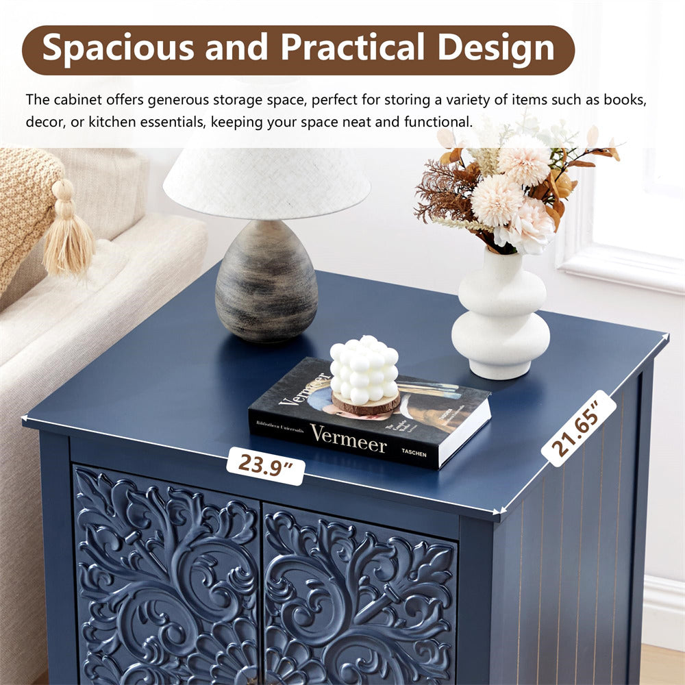 Blue 24" Wide Wooden Square Farmhouse End Table with Carved Floral Door