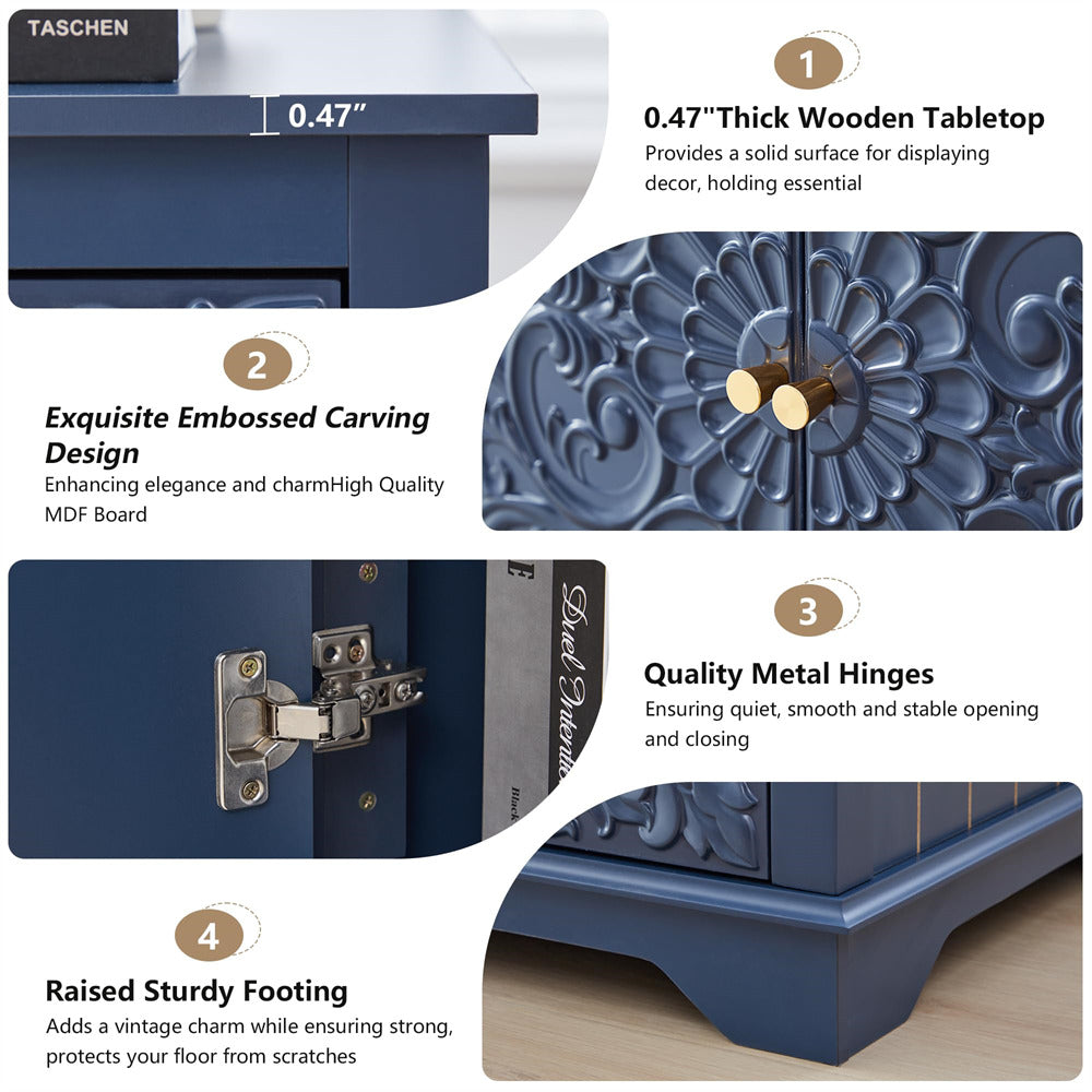 Blue wooden table with detailed features and text highlighting its qualities.