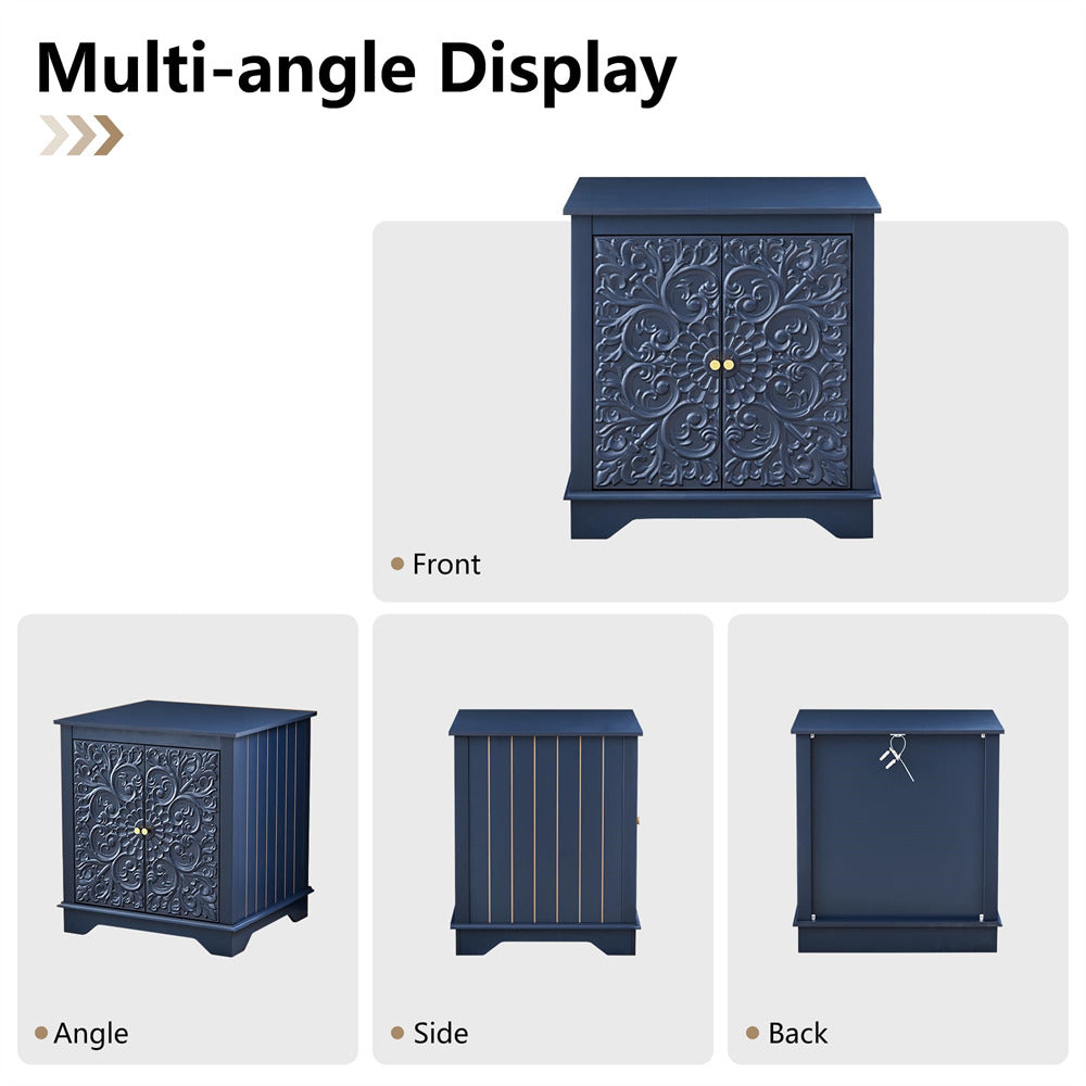 Blue 24" Wide Wooden Square Farmhouse End Table with Carved Floral Door