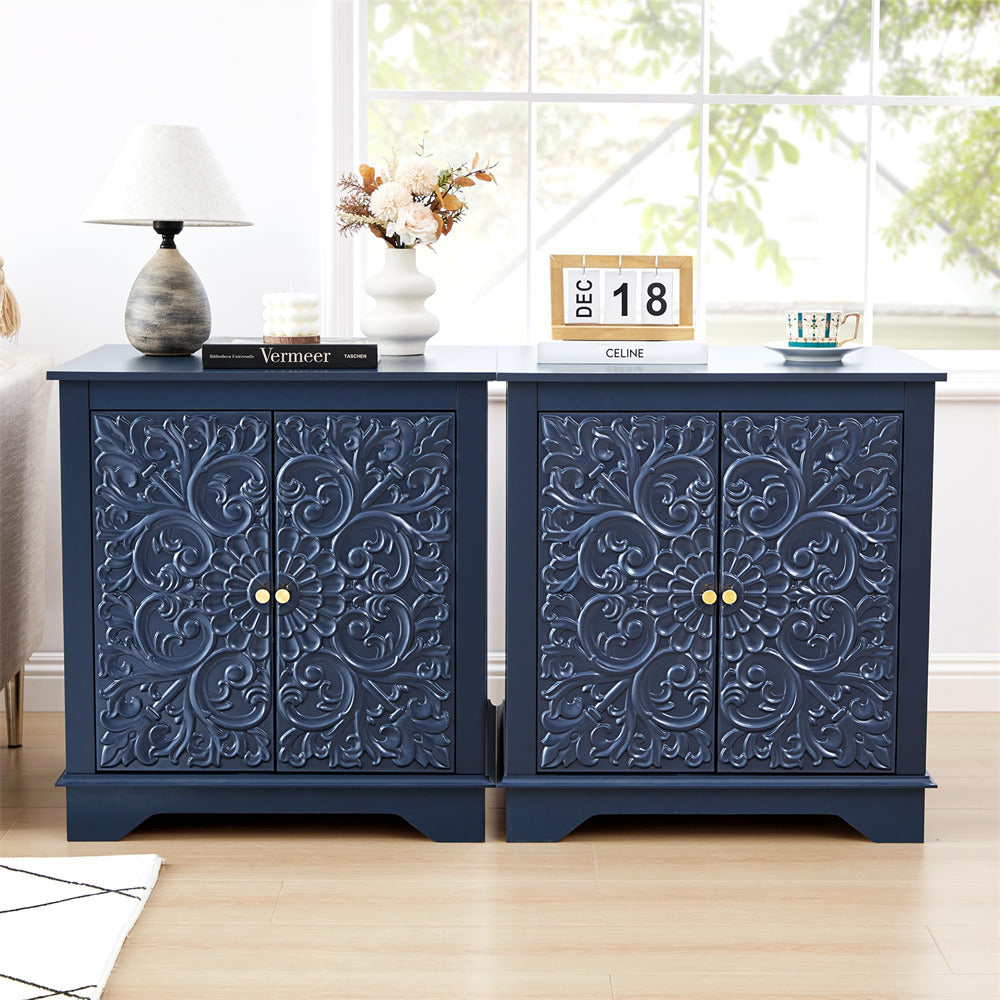 Blue 24" Wide Wooden Square Farmhouse End Table with Carved Floral Door