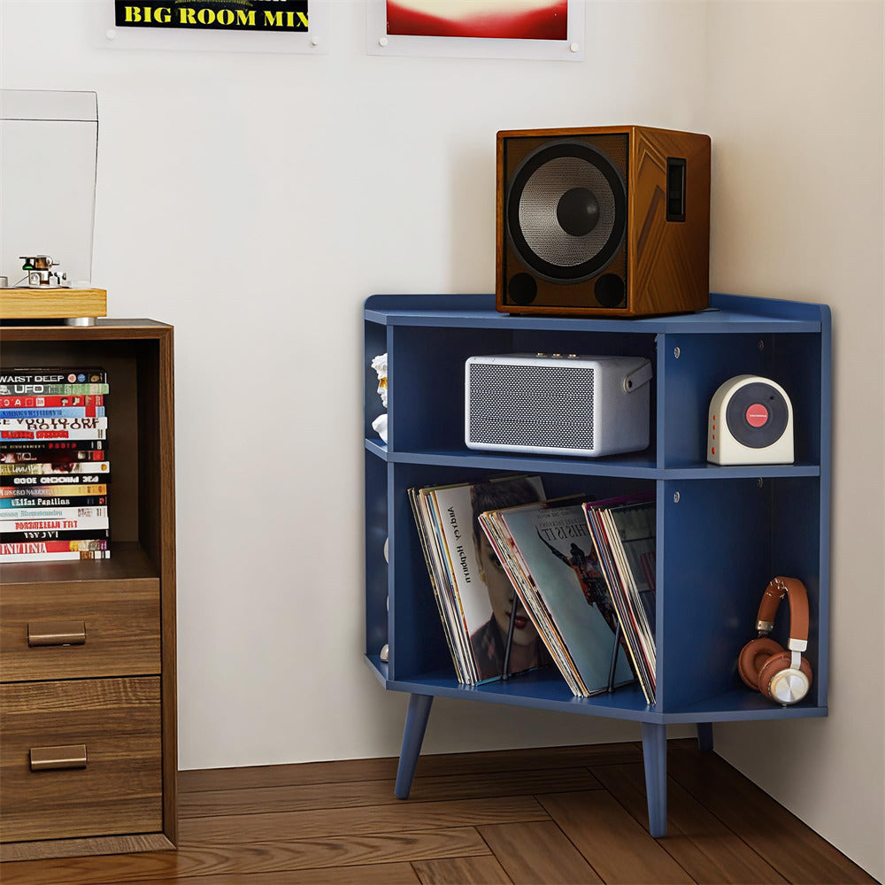 Blue 3 Tier Mid Century Modern Vinyl Corner Record Player Stand with Charging Station & USB Ports