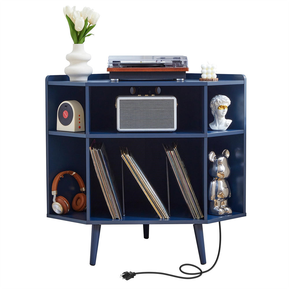 Blue 3 Tier Mid Century Modern Vinyl Corner Record Player Stand with Charging Station & USB Ports