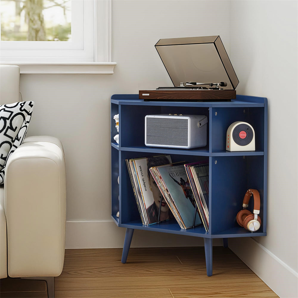 Blue 3 Tier Mid Century Modern Vinyl Corner Record Player Stand with Charging Station & USB Ports