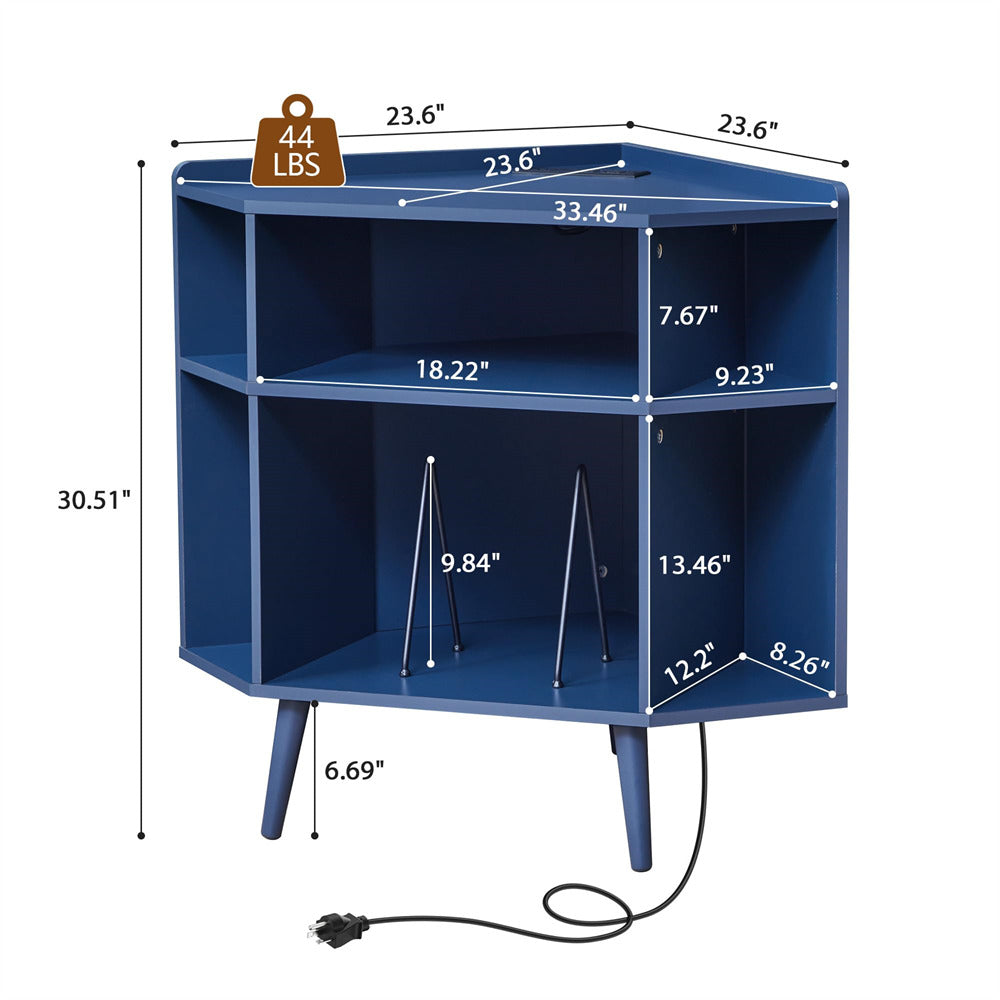 Blue three-tier open shelving cabinet with dimension labels, weight badge showing 44 LBS, and power cord on a white background.