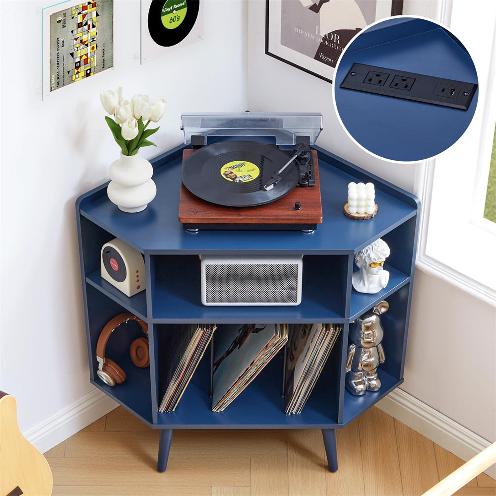 Blue 3 Tier Mid Century Modern Vinyl Corner Record Player Stand with Charging Station & USB Ports