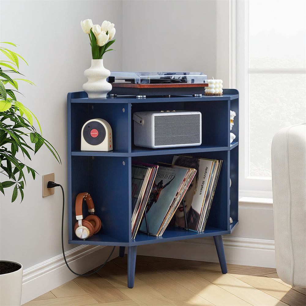 Blue 3 Tier Mid Century Modern Vinyl Corner Record Player Stand with Charging Station & USB Ports
