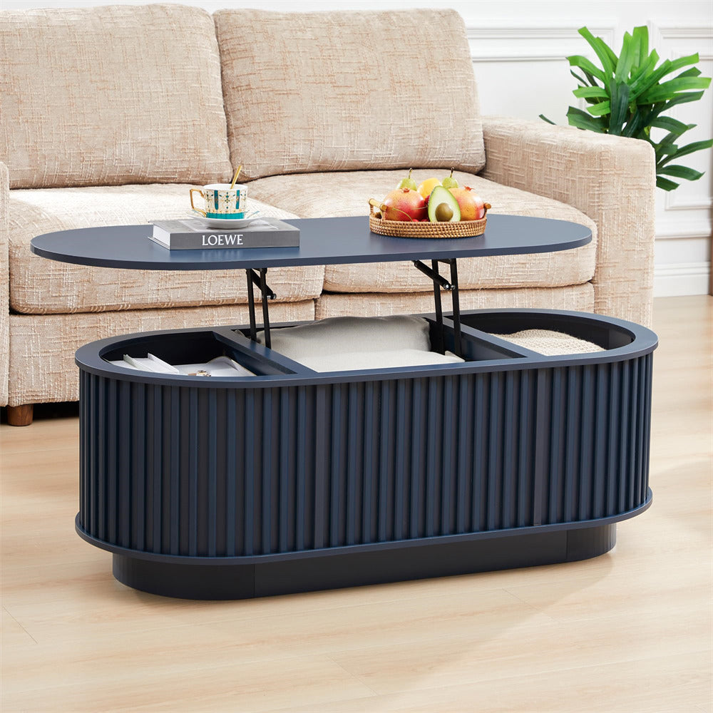 Black coffee table with lift-top design in a living room setting