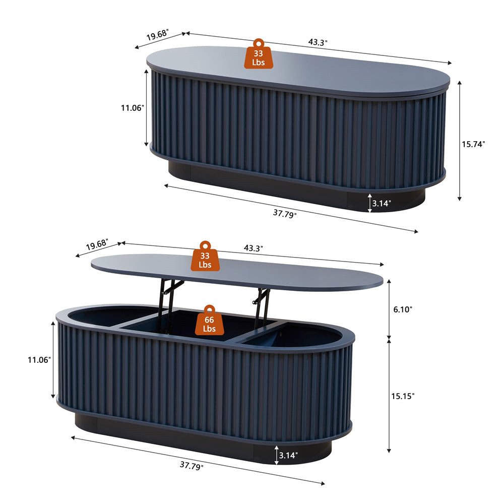 Blue 43.3”Mid Century Modern Oval Lift Top Coffee Table with Hidden Compartment