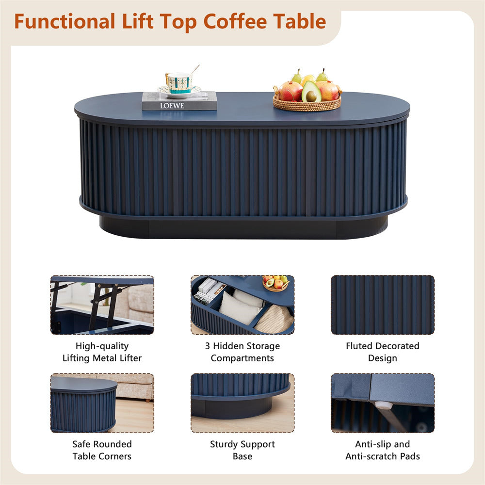 Functional lift top coffee table with features highlighted on a beige background
